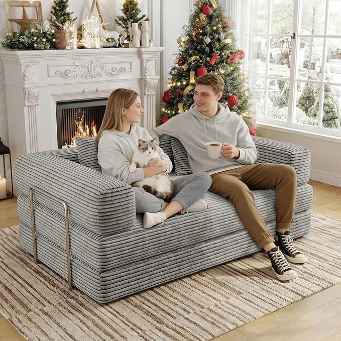 BSHOMGI 4 in 1 Futon Sofa Bed Queen Size - Foldable Convertible Sleeper Sofa Couch with L-Shaped Armrests Space Saving Floor Mattress for Bedroom & Dorm(Light Gray, 59” 2 Seat)