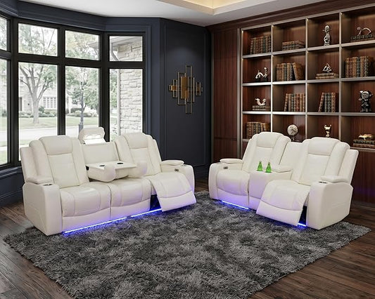 Power Recliner Sofa and Loveseat Set, 2 Piece Breathing Leather Living Room Set, Home Theater Seating Couches with LED/Cup Holders/Reading Light/Storage (Cream White, Upgared)