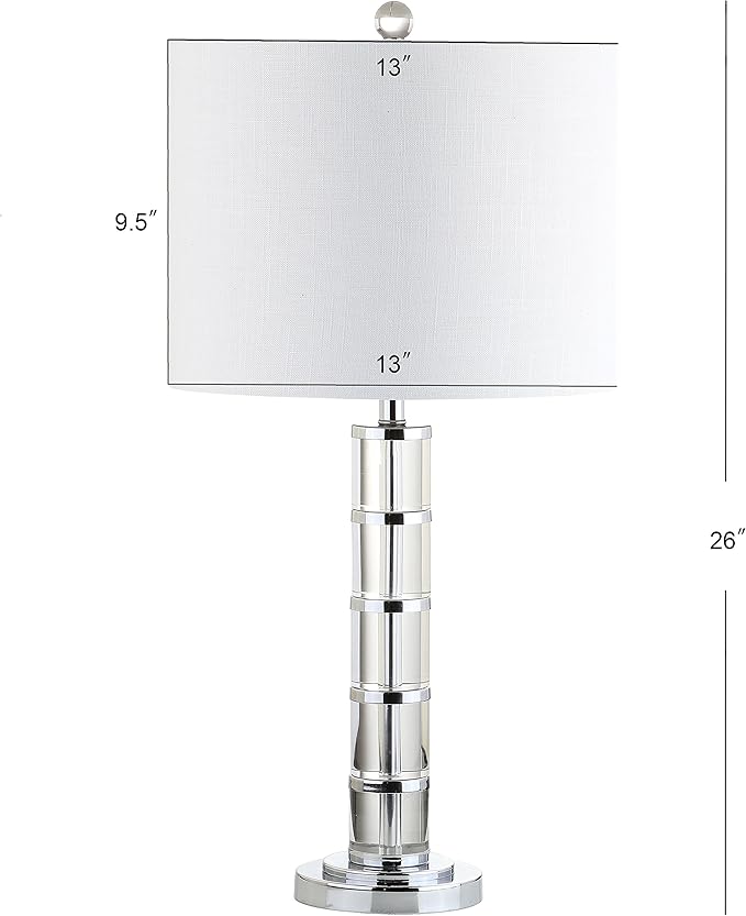 JONATHAN Y 26" Clear Crystal and Chrome LED Table Lamp, Modern Glam Pillar Bedside Lamp with White Linen Drum Shade for Living Room Bedroom, LED Bulb Included JYL2053A