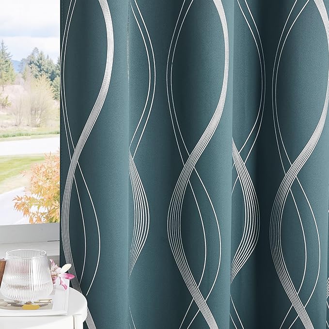 NICETOWN 100% Blackout Curtains Panels for Living Room, Greyish Blue, 52" Wide x 63" Long, 2 Panels, Sound Reducing Thermal Insulated Wave Line Foil Print Design Curtains for Patio Sliding Glass Door
