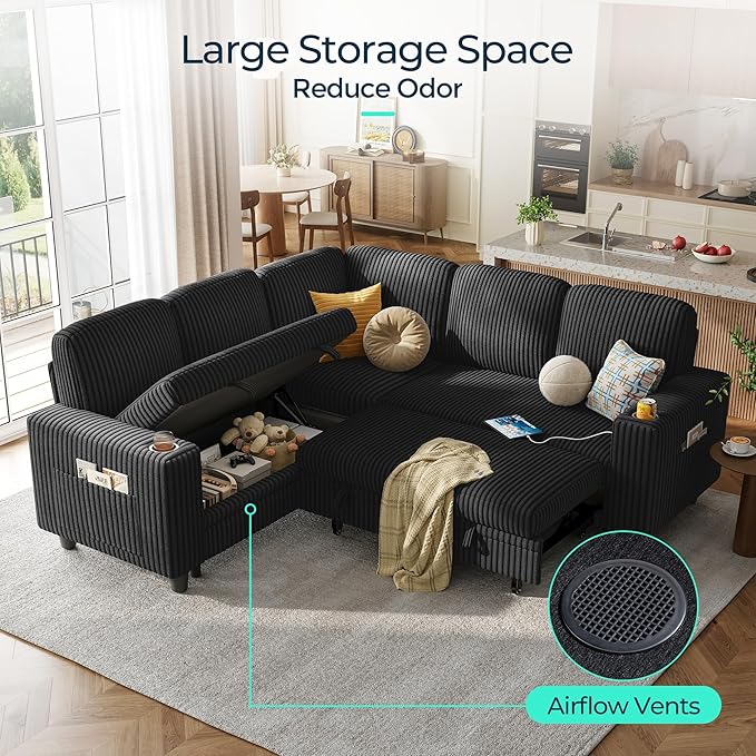 LINSY HOME Sectional Sleeper Sofa Pull Out Couches for Living Room (Black, Sleeper Sofa 2) | Pull Out Sofa Bed, Storage, USB Charging, Cup Holders, Plush Corduroy | Pull Out Sofa Bed, Storage, USB Charging, Cup Holders, Plush Corduroy