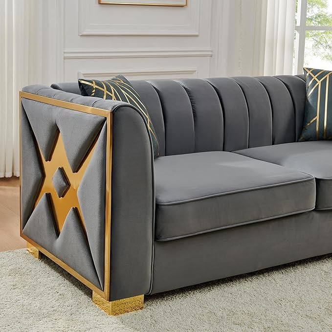 KEIKI 81" Luxury Oversized Velvet Chesterfield Sofa with 2 Pillow & Gold Stainless Decoration, Mid-Century Style 3-Seater Button Tufted Couch with Square Arms, Easy Assembly, for Living Room, Gray