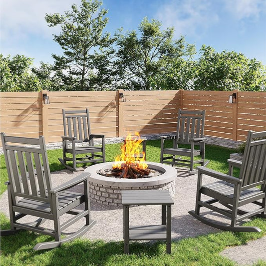 GarveeLife Poly Lumber Rocking Chair Outdoor Set of 4 with 2 Side Table - HDPE High Back Porch Rocker Chairs for Adults - All Weather Resistant Furniture for Patio - Gray
