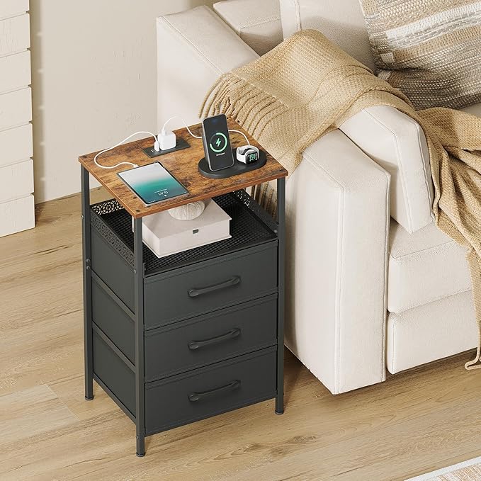 Nightstand Set of 2, Night Stands with Charging Station, 26.4 Inch Tall Bedside Table with Metal Shelf, Modern Side End Table with 3 Fabirc Drawers, Small Dresser for Bedroom, Rustic Brown