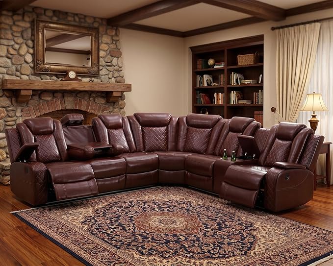 Power Recliner Sectional Sofa with LED, Breathing Leather Reclining Sectional Couch, L Shaped Couch with Dual Recliners, USB Port, Cup Holder&Storage for Living Room (Garnet)