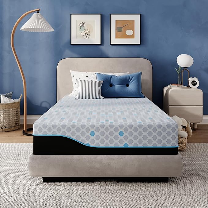 EGOHOME 10 Inch Twin Mattress, Charcoal Gel Cooling Memory Foam Mattress in a Box, Medium Fiberglass Free, CertiPUR-US Certified, Hexagonal Pattern