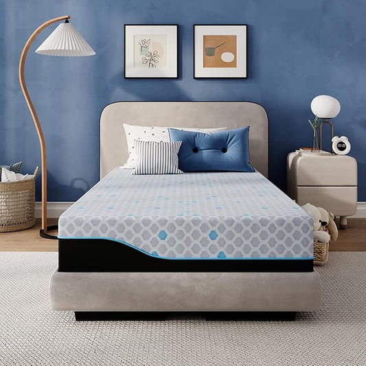 EGOHOME 10 Inch Twin Mattress, Charcoal Gel Cooling Memory Foam Mattress in a Box, Medium Fiberglass Free, CertiPUR-US Certified, Hexagonal Pattern