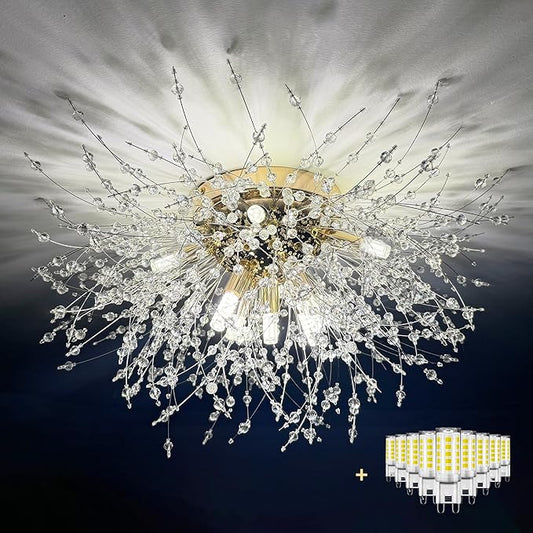 Crystal Flush Mount Ceiling Light Gold Modern Sputnik Firework Close to Ceiling Lamp LED Flower Ceiling Light Fixtures for Living Room Bedroom Kitchen Island Entryway Hallway Foyer 9 G9 Bulbs Included