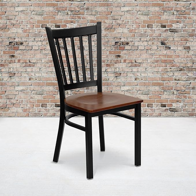Flash Furniture HERCULES Series Black Vertical Back Metal Restaurant Chair - Cherry Wood Seat