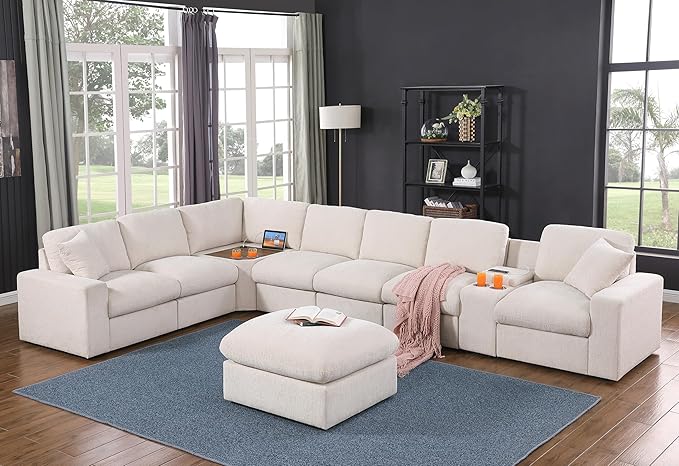 Ball & Cast 157" Oversized Modular Sectional Sofa L-Shaped,Large Chenille Upholstered Couch 8 Seat with Ottoman,Cup Holders & USB Ports,Comfty Sectionals W/Pillows & Storage Box,for Living Room,Beige