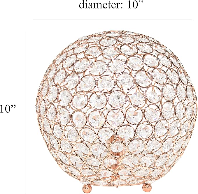 Elegant Designs LT1067-RGD 10" Elipse Crystal Collection Metal Crystal Ball Sequin Table Desk Lamp for Accent Lighting, Décor, Living Room, Rose Gold