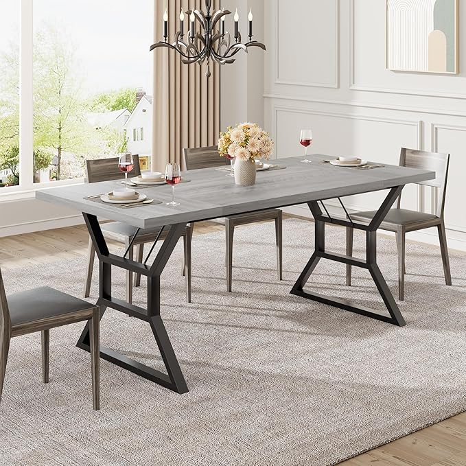Garvee 79 Inch Dinning Table for 6-8, Farmhouse Kitchen Table with Unique Shaped Legs and Large Tabletop, Industrial Wood Dining Table for Living Room, Kitchen, Dining Room