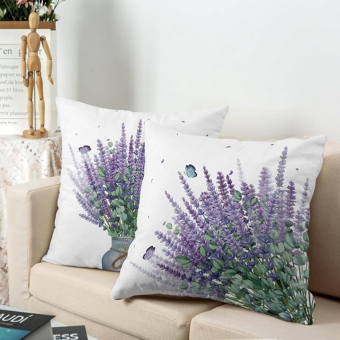 Purple Lavender Outdoor Cushion Cases for Patio Living Room Garden Sofa Set of 2 Spring Floral with Butterfly Throw Pillow Covers Flowers Farmhouse Square Pillowcases 24x24