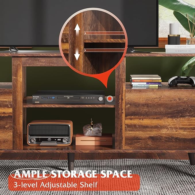 WLIVE Mid-Century Modern TV Stand for 55 60 65 Inch TV, Entertainment Center with Extra Open Shelf & Storage Cabinets, Media TV Console for Living Room Bedroom Office, Retro Brown