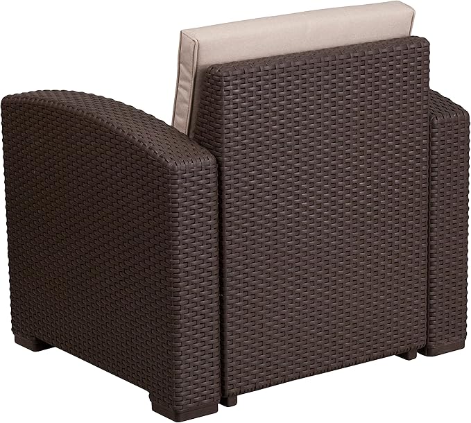 Flash Furniture Seneca Chocolate Brown Faux Rattan Chair with All-Weather Beige Cushion