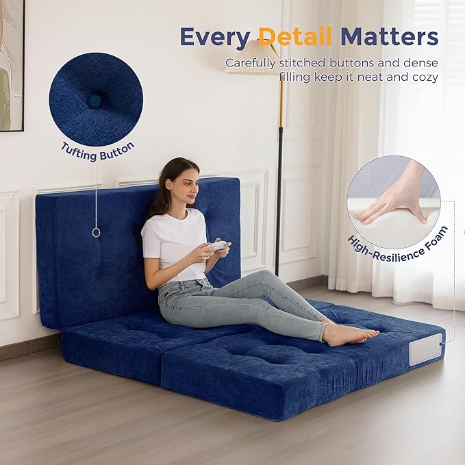 MAXYOYO Tri-Fold Mattress, 6 Inch Tufted Folding Mattress with Chenille Fabric, Portable Full Size Floor Guest Mat for Adults, Foldable Topper for Camping, Navy, 53"x75"