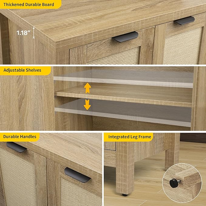 Rattan Sideboard Buffet Credenza Cabinet - Large Farmhouse Kitchen Coffee Bar Cabinet with 4 Rattan Door Storage for Entryway Living Room, 55" x 15" x 31.5" (Natural)