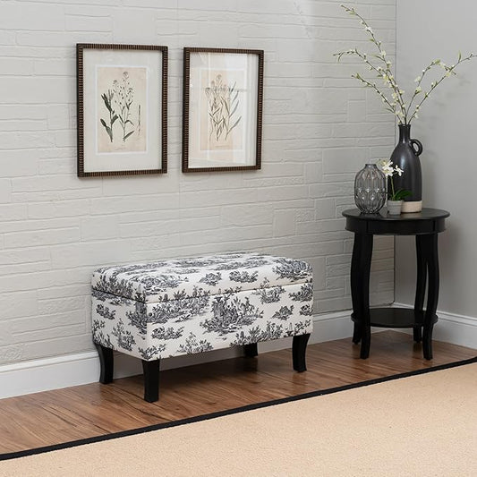 Linon Stephanie Black and White Toile Fully Upholstered Bench with Hidden Interior Storage