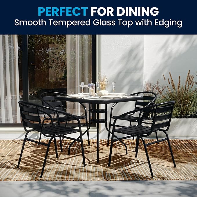 Flash Furniture 5-Piece Patio Dining Set with 31.5" Square Glass Metal Table and 4 Stackable Slat Back Chairs, Indoor/Outdoor Bistro Set, Black