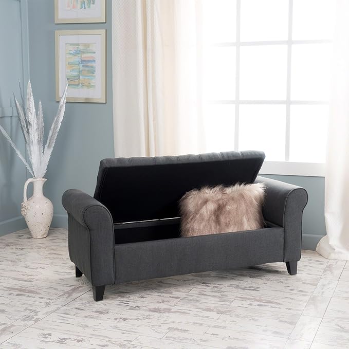 Christopher Knight Home Keiko Fabric Armed Storage Bench, Dark Grey, 19.50”D x 50.00”W x 19.25”H