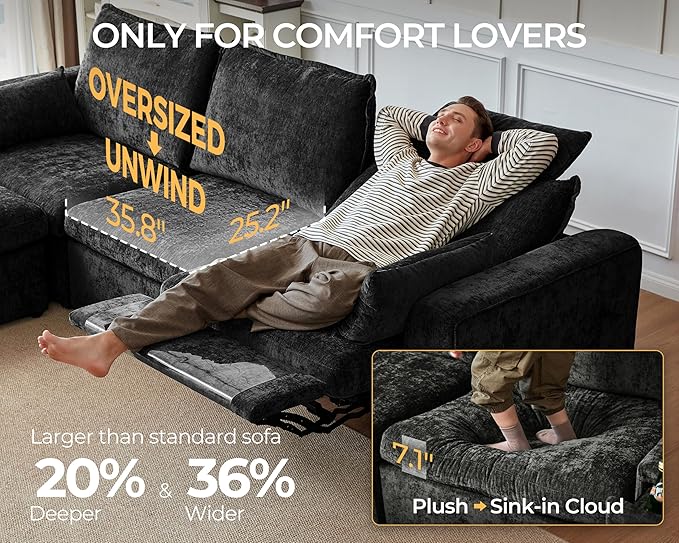 152.4" Power Recliner Sofa Wall Hugger, Modular Cloud Sectional Reclining Couch with Headrest, Storage Drawer Cup Holder, 3-Seater with 2 Consoles for Home Theater Living Room, Chenille, Black