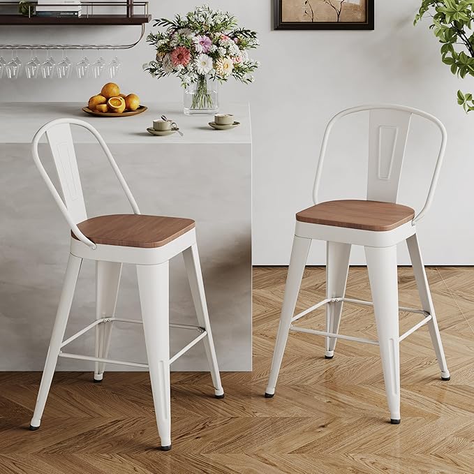 Andeworld Metal Bar Stools Set of 2, 26 inch Counter Height Barstools with Backs Farmhouse Modern High Back Bar Stools with Larger Seat Kitchen Dining Bar Chairs,Off White