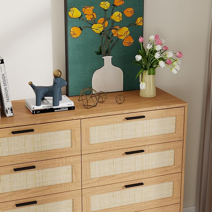 Panana 3/6/8 Drawers Dresser, Wooden Rattan Chest of Drawers with Rattan Front Spacious Storage Chest Bedside Table Nightstand Cabinet for Living Room, Closet, Hallway, Bedroom
