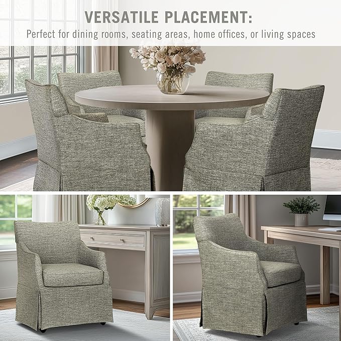Martha Stewart London Dining Chair - Solid Wood & Plywood, Skirted Metal Base Accent Armchair, Lumbar Pillow -Modern Classic Family Dining Room Furniture 25" W x 26" D x 34" H, Grey