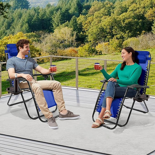 Elevon Zero Gravity Chair with Cup Holder & Removable Pillow, Adjustable Reclining Outdoor Patio Folding Chairs for Adults Portable Lounge Chair Furniture for Poolside, Lawn, Beach, Camping, Blue