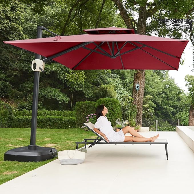 EAST OAK and Flame&Shade Patio Umbrella, 10ft Square Outdoor, Large Offset Cantilever Umbrella with 360° Rotation, Heavy Duty Windproof and UV Resistant Double Top for Pool and Deck, Wine Red