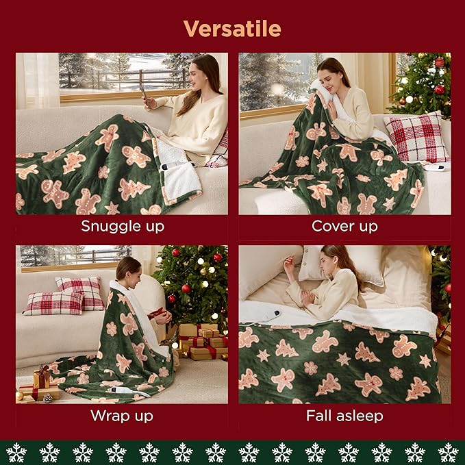 Bedsure Electric Blanket Twin - Soft Flannel Sherpa Heated Blanket with Gingerbread Pattern, for Grandma, Heating with 6 Heating Levels, 10 Time Settings, and 8-Hour Auto-Off (62"x84")