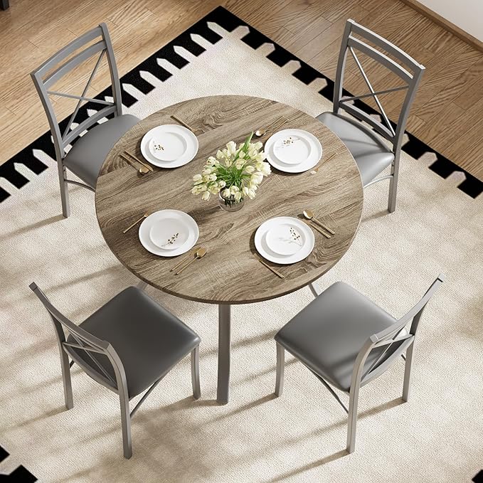 VECELO 5 Piece Dining Table Set for 4 with Chairs, Wood Grain Tabletop, Small Space, Kitchen, Breakfast Nook, Grey