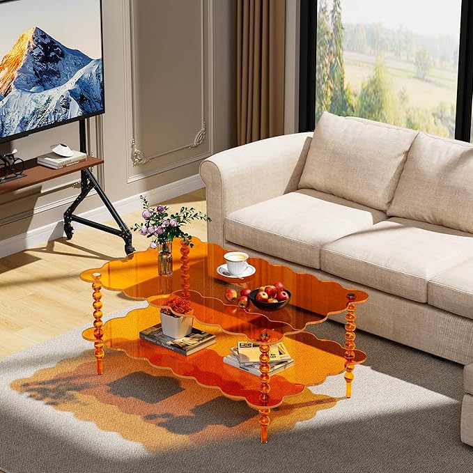 Acrylic Coffee Table, 2-Tier Living Room Table with Storage, Center Table Mid-Modern Century for Living Room, Easy to Assemble (Orange, 37.8“×23.6“×15.7”)