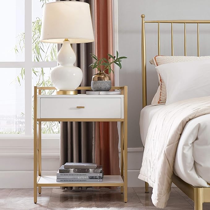 Claudette Solid Wood and Metal Nightstand with Drawer and USB-C Fast Charging Station, White and Gold, Perfect for Bedrooms, Living Rooms, and Offices – Leick Home, 9069-WT