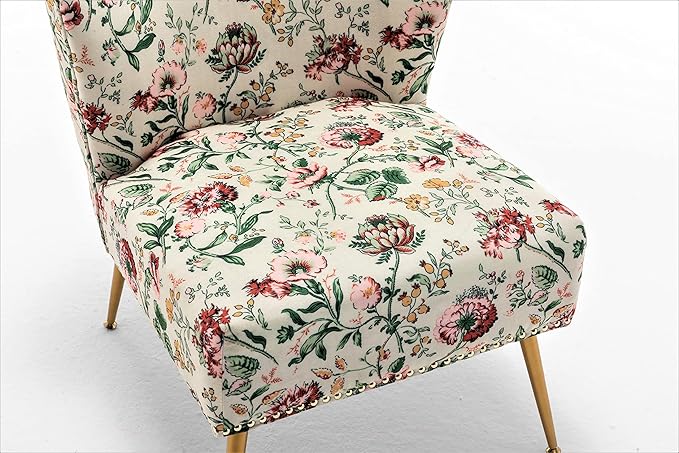 Thia Armless Accent Chair for Living Room, Elegant Seat with Nailhead Trim, Gold Metal Legs and Comfortable Curved Back, 28" D x 25" W x 29.5" H, 03 Floral Print