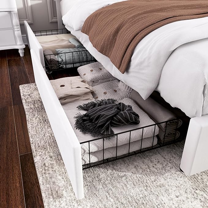 VECELO Queen Size Upholstered Platform Bed Frame with 4 Storage Drawers, Adjustable Velvet Rivet Decor Headboard, Wooden Slats Support, No Box Spring Needed, Easy Assembly