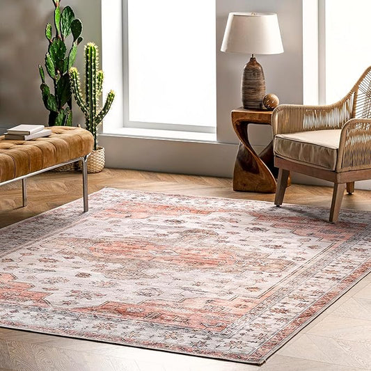 Nuloom SpinClean Banks Beige/Ivory, 5' x 8', Vintage, Soft and Cozy, High Traffic, Stain Resistant, Easy Clean, Durable, Machine Washable Area Rug for Bedroom, Living Room, Dining, Foyer