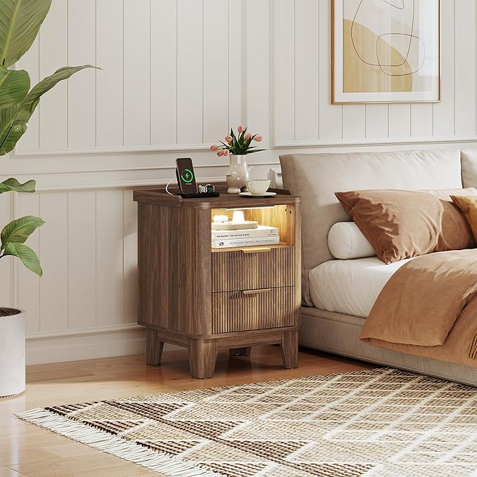 Night Stand with Charging Station, Fluted Nightstand with 2 Drawers and LED Light, Wood Bedside Table with Open Storage for Bedroom, Walnut