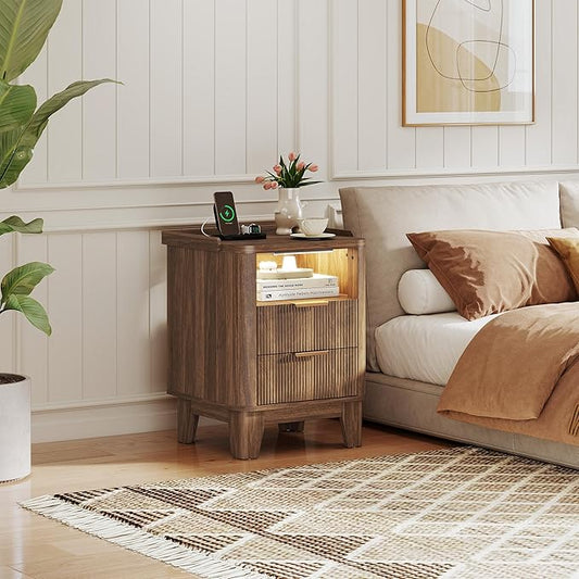 Night Stand with Charging Station, Fluted Nightstand with 2 Drawers and LED Light, Wood Bedside Table with Open Storage for Bedroom, Walnut
