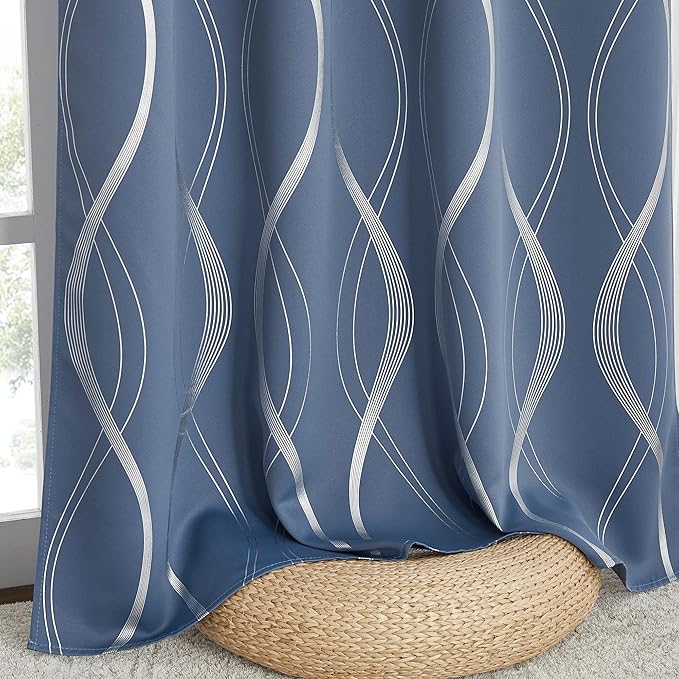 NICETOWN Blackout Short Curtains Panels for Bedroom, Microfiber Noise Reducing Thermal Insulated Wave Line Foil Print Design Drapes for Office, Classroom (Stone Blue, 2 Panels, 52 x 54 Inch)