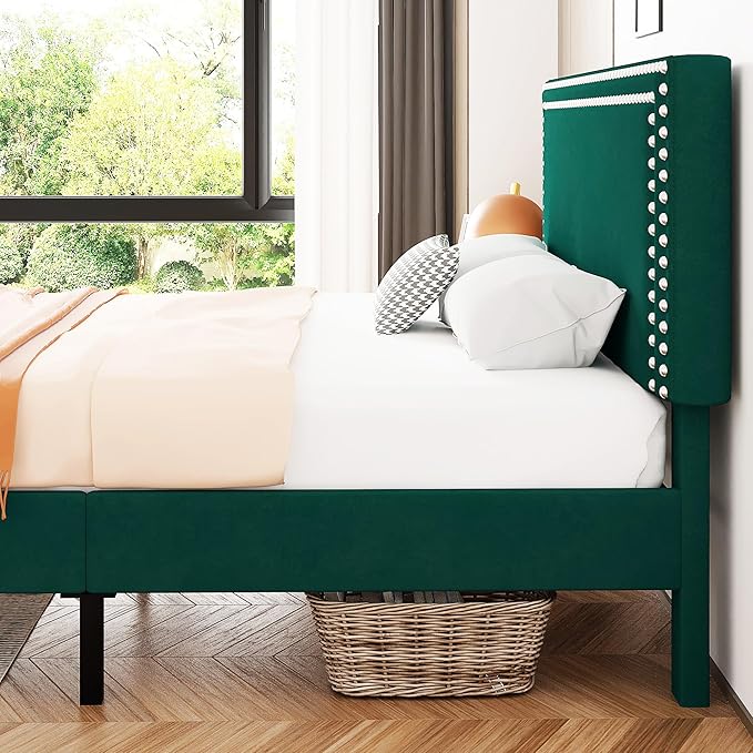 VECELO Full Size Bed Frame with Adjustable Upholstered Headboard, Wooden Slats Platform, Noise-Free Design, Easy Assembly