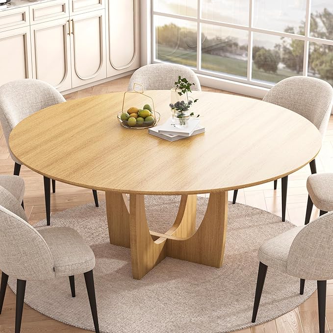Casaphoria 59" Round Dining Table for 8 with Scratch-Resistant Top & Cross Arched Legs – Modern Farmhouse Kitchen Table for Dining Room, Living Room, Bar, Easy Assembly, Oak