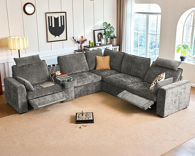Oversized Modular Sectional Sofa with Double Power Recliner, Cloud Reclining Couch with Headrest, Storage Drawer Charging Cup Holders, Deep L-Shaped 6 Seater with Corner, Chenille, Grey