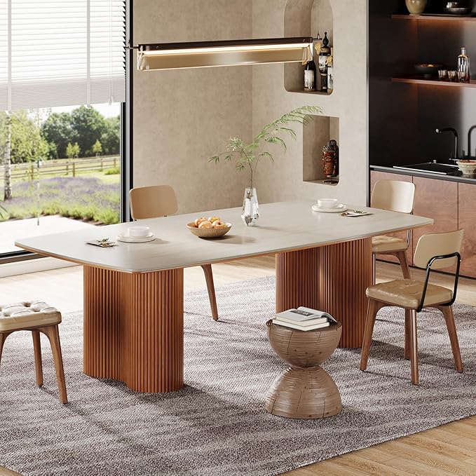 Tribesigns 78.7" Sintered Stone Dining Table for 8-10，Luxury Rectangular Kitchen Table with Solid Wood Legs, Mid-Century Dining Room Table for Living Room
