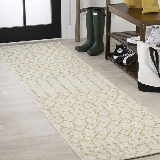 JONATHAN Y Moroccan Geometric Indoor Outdoor Runner Rug 2X8 Cream/Green, Ourika Textured Weave for Backyard, Patio, Porch, Easy-Cleaning, High Traffic, Pet-Friendly, Non-Shedding (SMB108M-28)