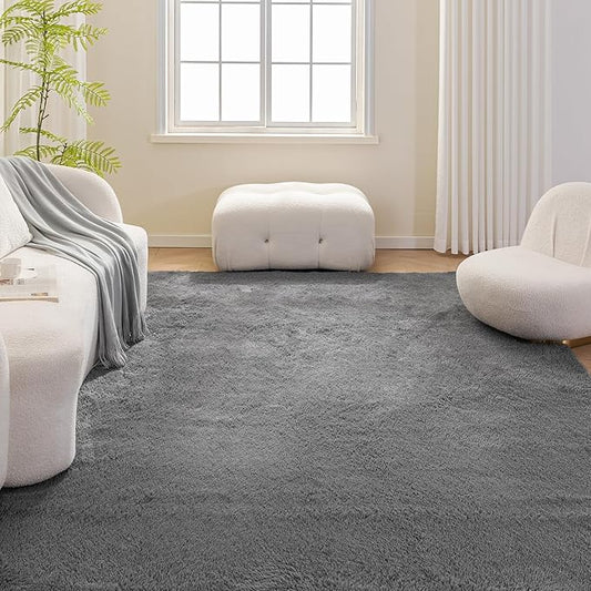 Amazon Basics Fluffy Washable Area Rug, Shaggy Carpet for Living Room, Bedroom, 6' W × 9' L, Dark Gray