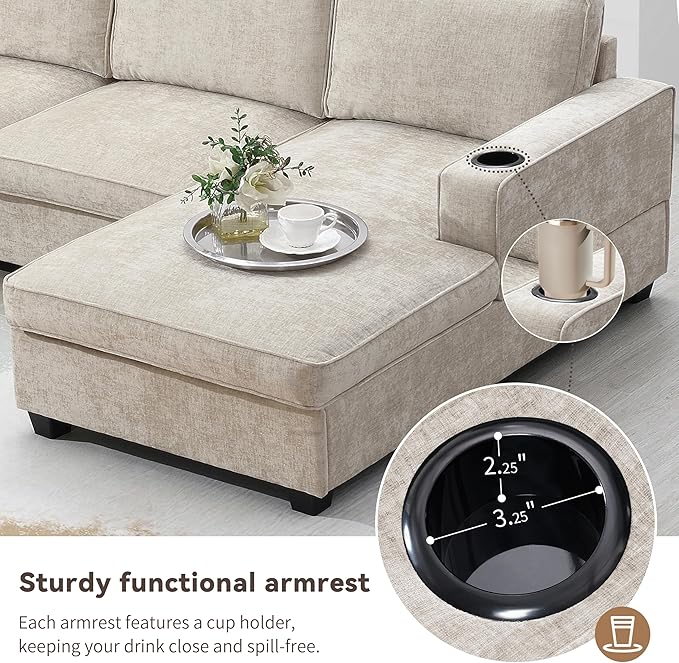 Merax Modern Oversized U-Shaped Sectional Sofa with Cup Holders & Chaise Lounge, Chenille 6-Seat Couch Set Sleeper Bed with Deep Seat Beige