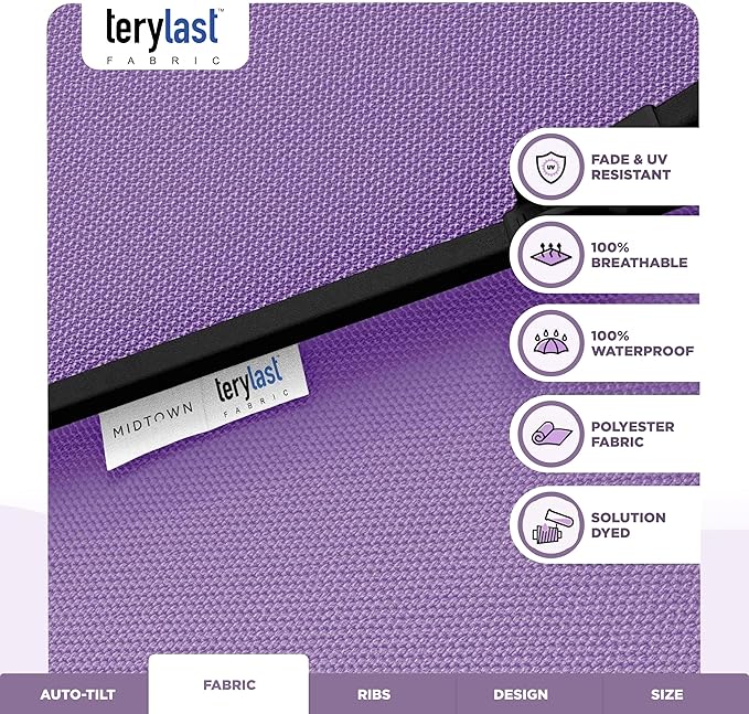Midtown Umbrellas - 10-Year-No-Fade 9 Ft Patio Umbrella with Terylast Fabric, Auto-Tilt Aluminum Frame and 8 Reinforced Ribs for Deck, Pool, Garden & Beach - Purple Canopy, Black Pole