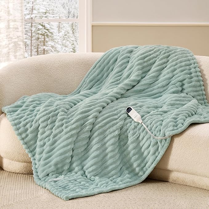 Bedsure Heated Blanket Electric Throw - Thick Striped Flannel Electric Blanket, Heating with 4 Time Settings, 6 Heat Settings, and 3-Hour Timer Auto Shut Off, Gift for Grandma (50x60 inches, Green)