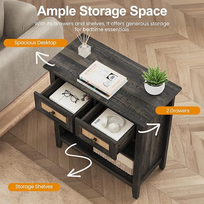 Rattan Storage Cabinets, Accent Boho Storage Cabinet with 2 Drawers and 2 Open Shelves, Modern Wood Storage Cabinet for Entryway, Front Hall, Hallway, Living Room, Coffee